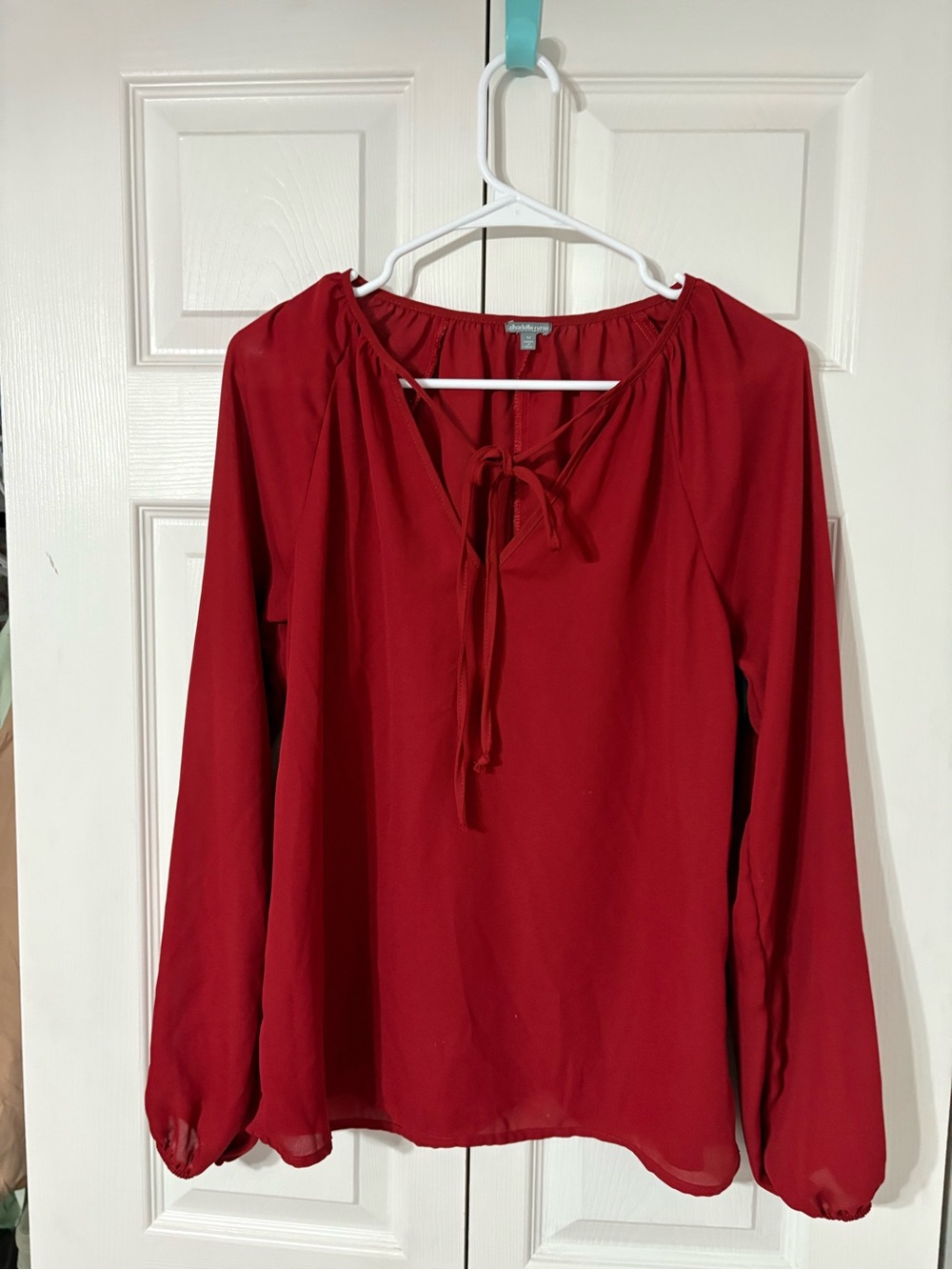 Burgundy Red Tie-Neck Peasant Blouse